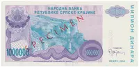 Chorvatsko - Srbská Krajina, 1 Milion Dinara 1994, bankovní vzor, A 0000000, přet. SPECIMEN, P.R33s - fotografie 2