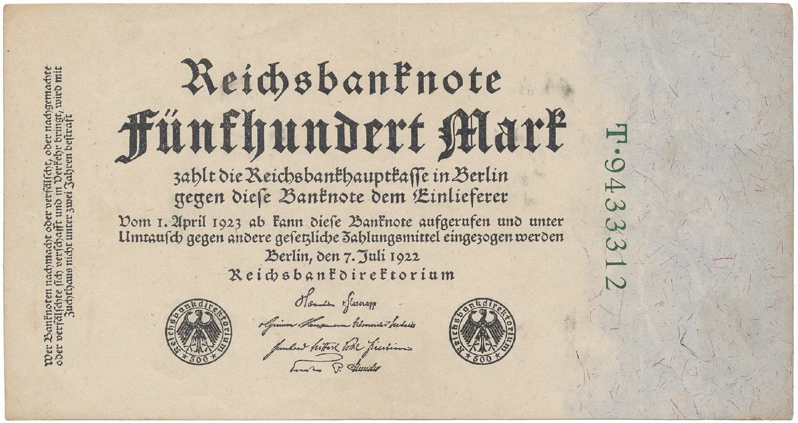 Německo, 500 Mark 1922, zelený 7-místný číslovač, Ro.71b