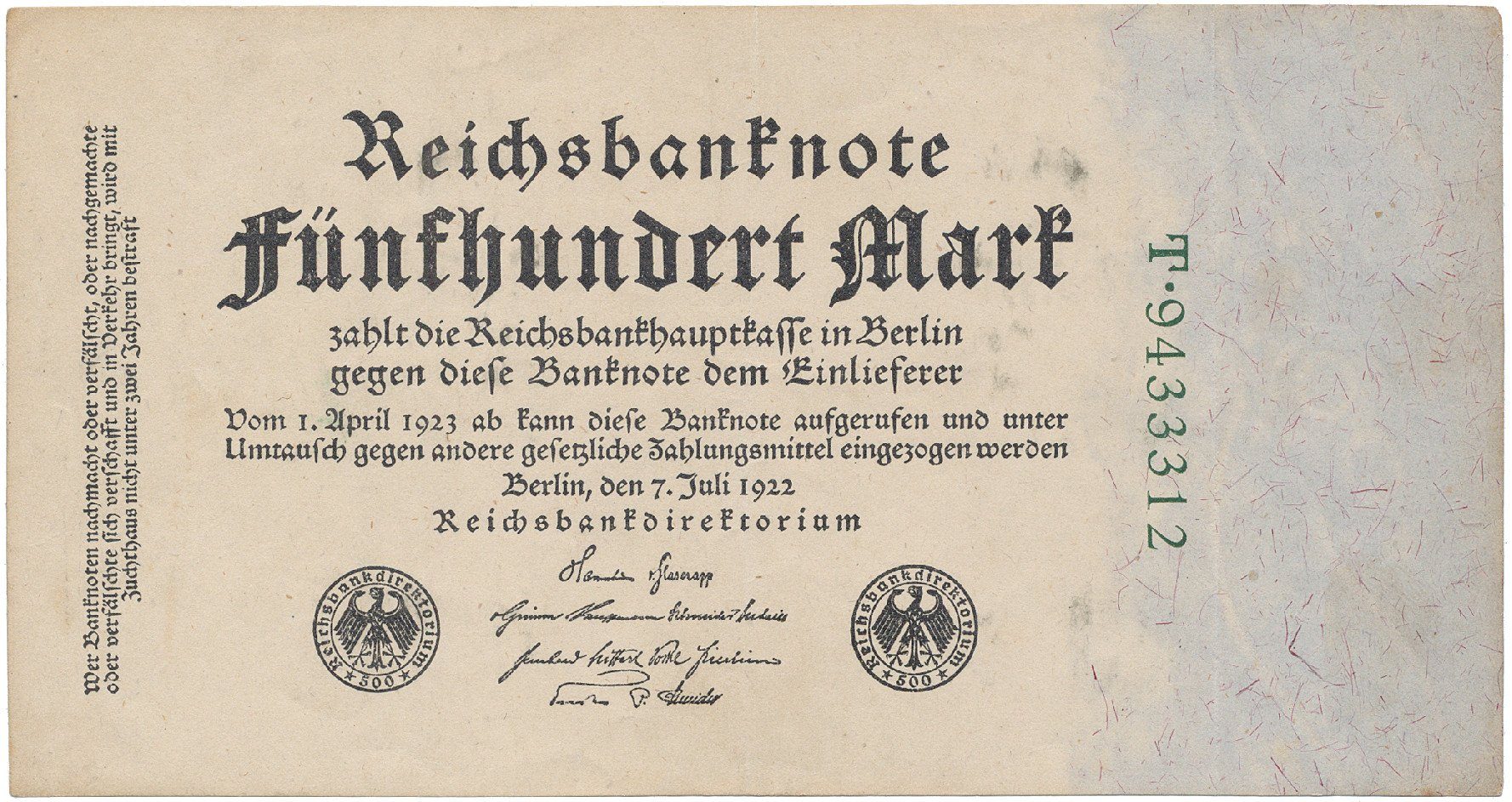 Německo, 500 Mark 1922, zelený 7-místný číslovač, Ro.71b