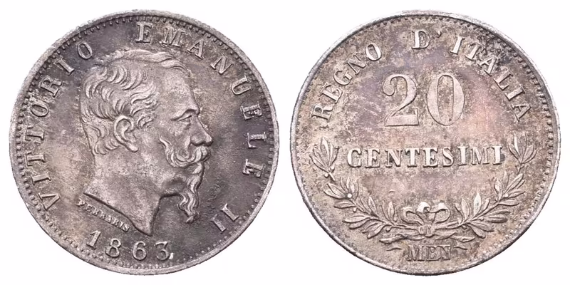 Itálie, 20 Centesimo 1863 M/BN