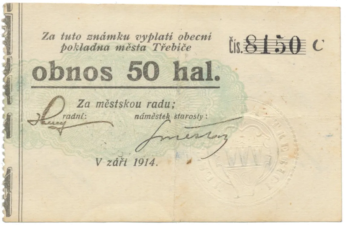 Třebíč - město, 50 hal září 1914, série C, Herzán (podpis neteře), HH.223.5.9e