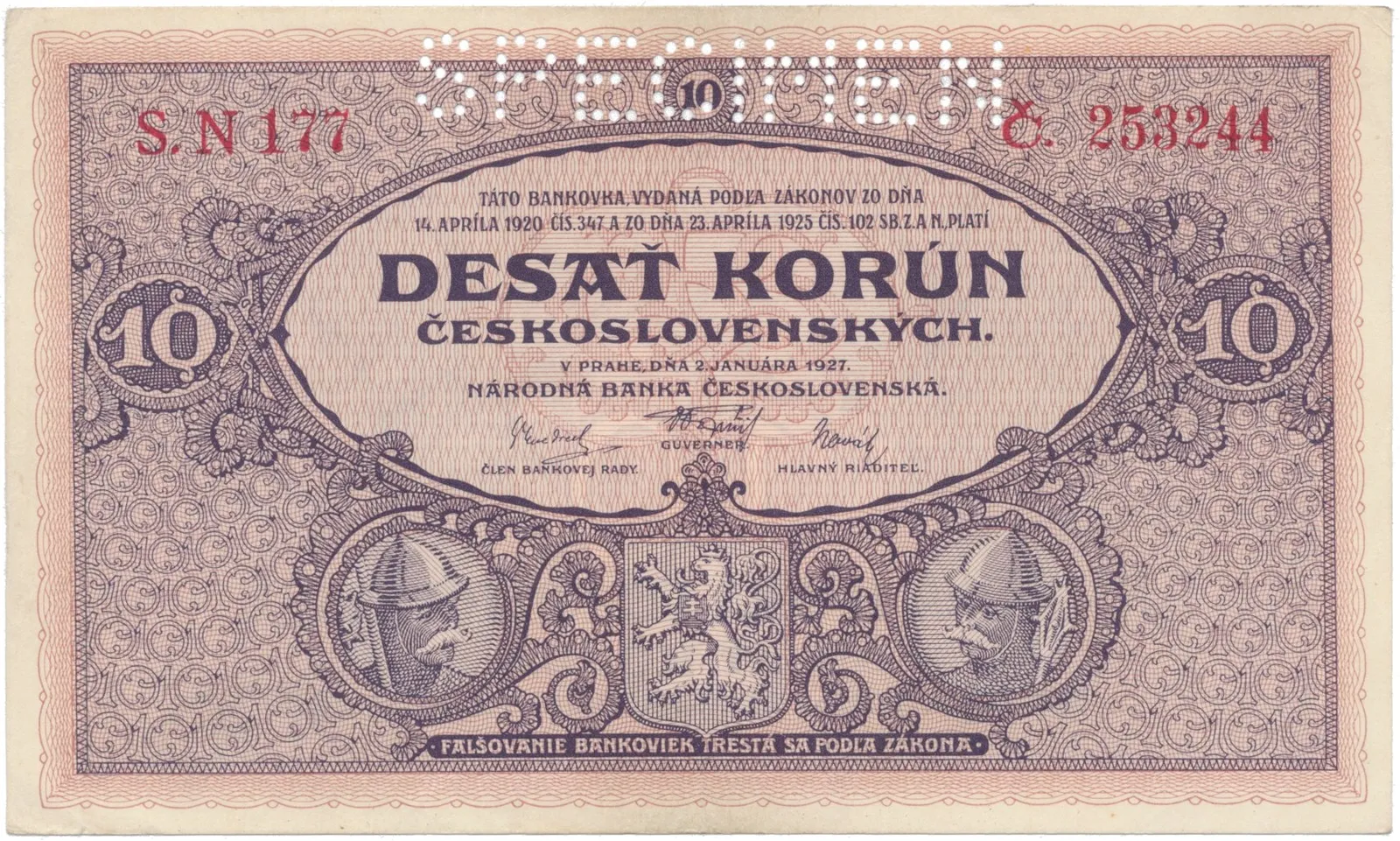 10 Koruna 1927, série N, SPECIMEN, Hej.22b.S1