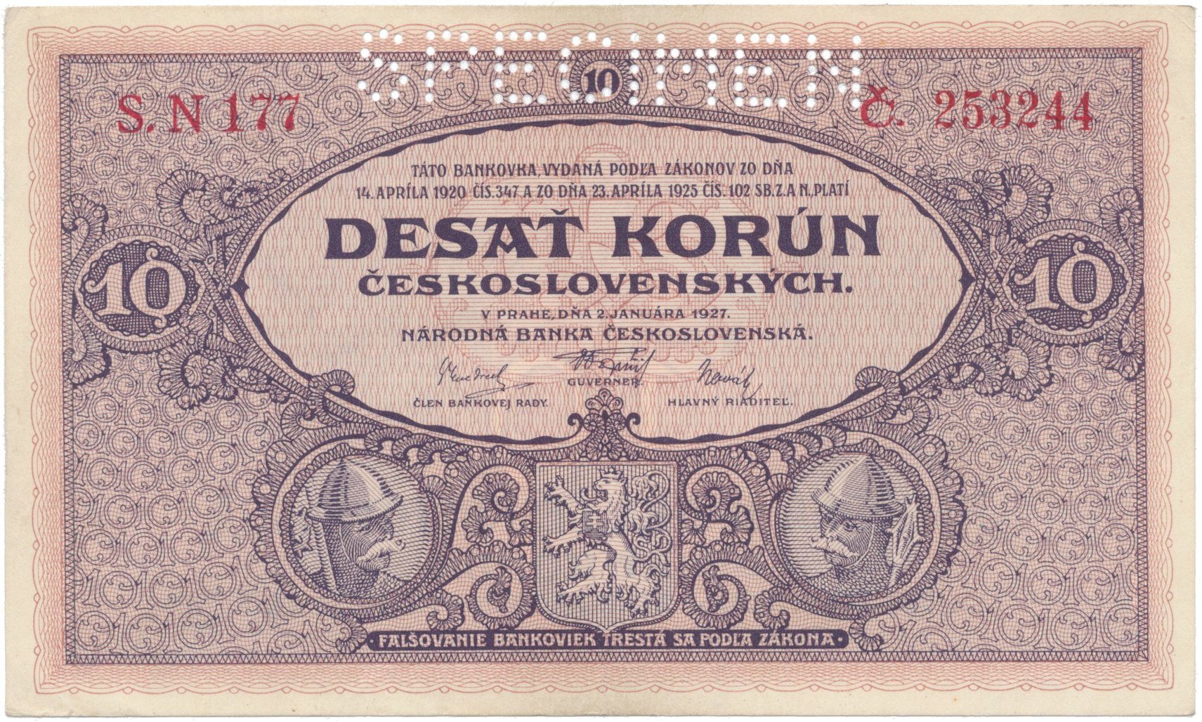 10 Koruna 1927, série N, SPECIMEN, Hej.22b.S1