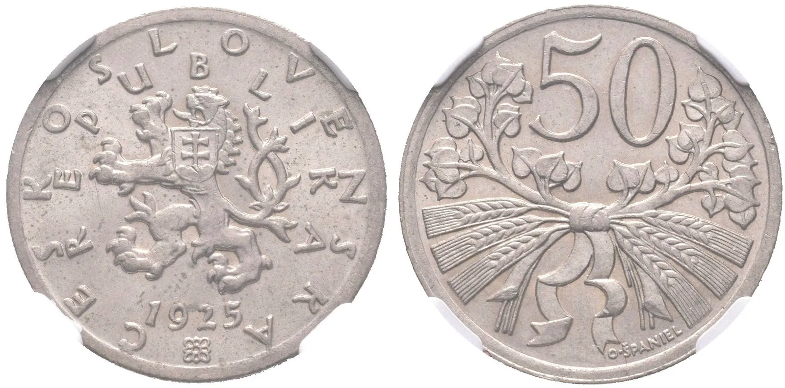 50 Haléř 1925, etue NGC, hodnocení MS 64, — 1