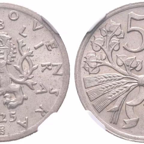 50 Haléř 1925, etue NGC, hodnocení MS 64,