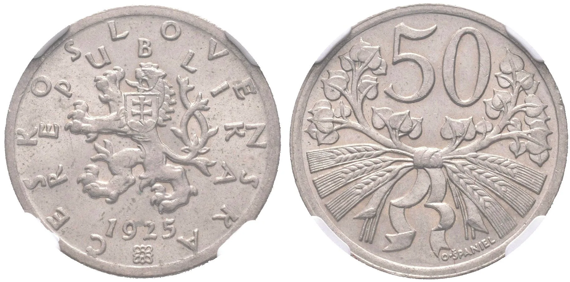 50 Haléř 1925, etue NGC, hodnocení MS 64, — 1