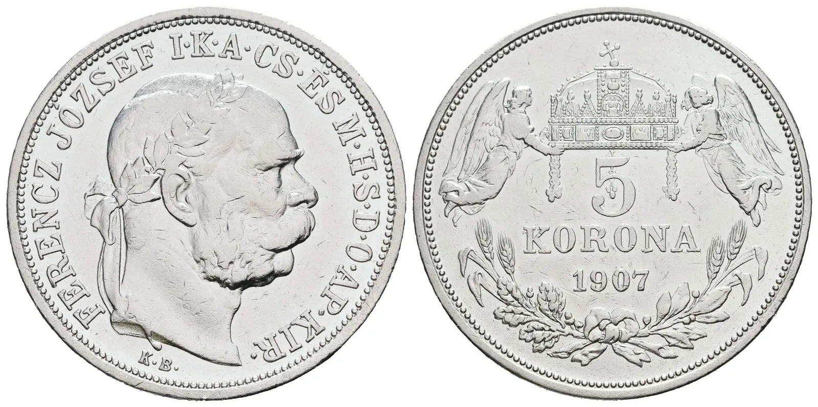 5 Koruna 1907 KB, pěkná zachovalost, zbytky lesku, rysky a hranky — 1