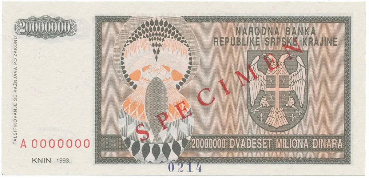 Chorvatsko, 20 Miliona Dinara 1993, anulát - SPECIMEN, P.R13s