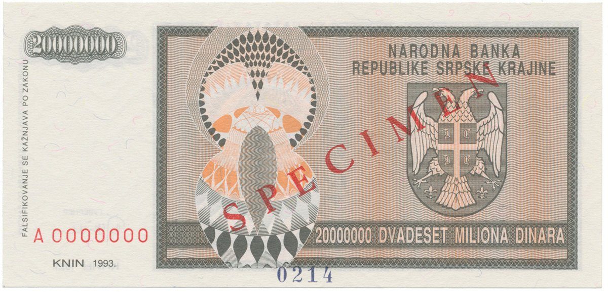 Chorvatsko, 20 Miliona Dinara 1993, anulát - SPECIMEN, P.R13s