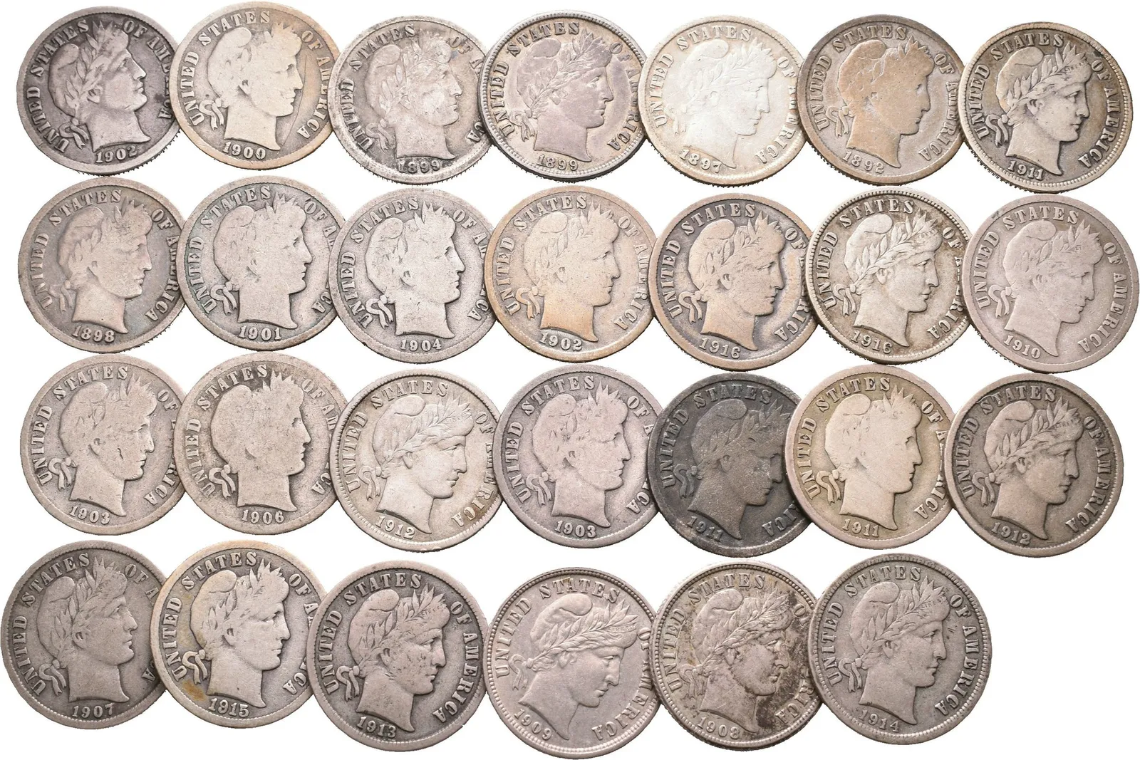 Soubor mincí - Dime 1892, 1897, 1898, 1899, 1899 O, 1900 S, 1901 O, — 1