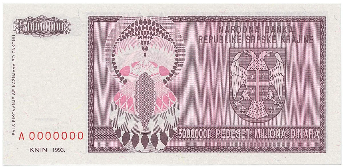 Chorvatsko - Srbská Krajina, 50.000.000 Dinara 1993, anulát, A 0000000, P.R14