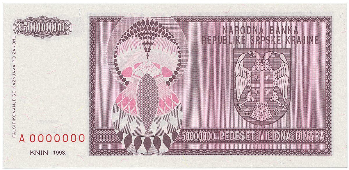 Chorvatsko - Srbská Krajina, 50.000.000 Dinara 1993, anulát, A 0000000, P.R14