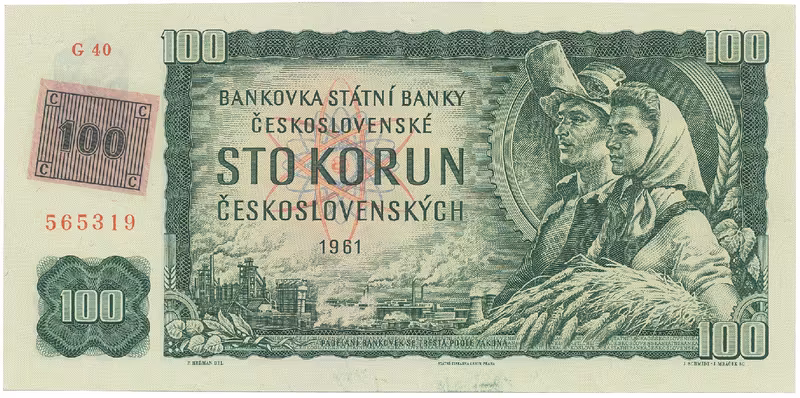 Česká republika, 100 Koruna 1961 + kolek (1993), II. vydání, série G číslovač "Grafotechna", Hej.CZ4aG