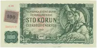 Česká republika, 100 Koruna 1961 + kolek (1993), II. vydání, série G číslovač "Grafotechna", Hej.CZ4aG