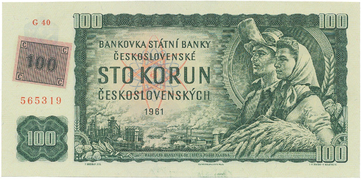 Česká republika, 100 Koruna 1961 + kolek (1993), II. vydání, série G číslovač "Grafotechna", Hej.CZ4aG