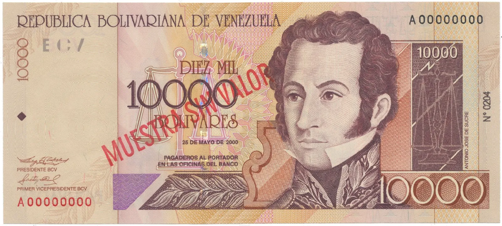 Venezuela, 10.000 Bolivares 2000, anulát - MUESTRA SIN VALOR, P.85as