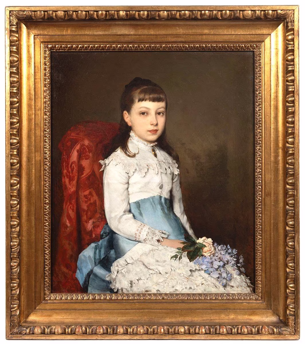 Eugenio de Blass: Eugenio de Blass (1843 - 1931) - Portrait of a Young Girl with a Bouquet of Flowers