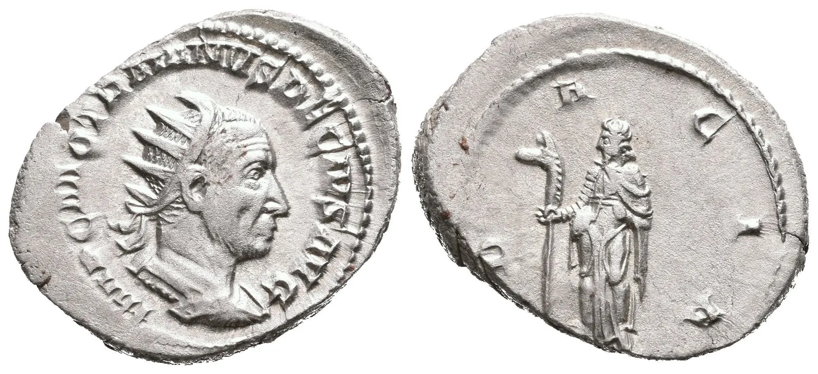 Antoninian, 249 - 251, Rv: DACIA, stojící Dacia zleva drží dlouhou hůl zakončenou — 1