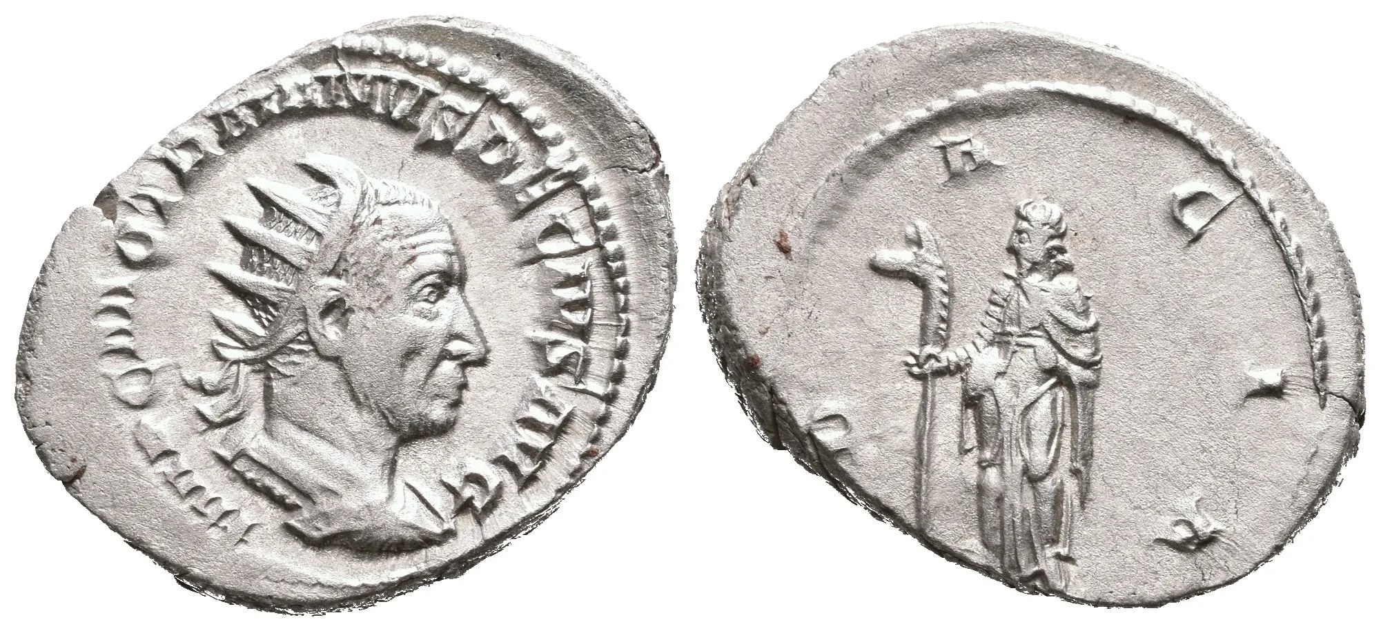 Antoninian, 249 - 251, Rv: DACIA, stojící Dacia zleva drží dlouhou hůl zakončenou — 1