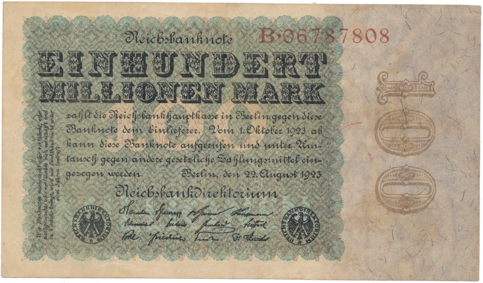 Německo, 100 Millionen Mark 1923, Eichenlaub, Ro.106a
