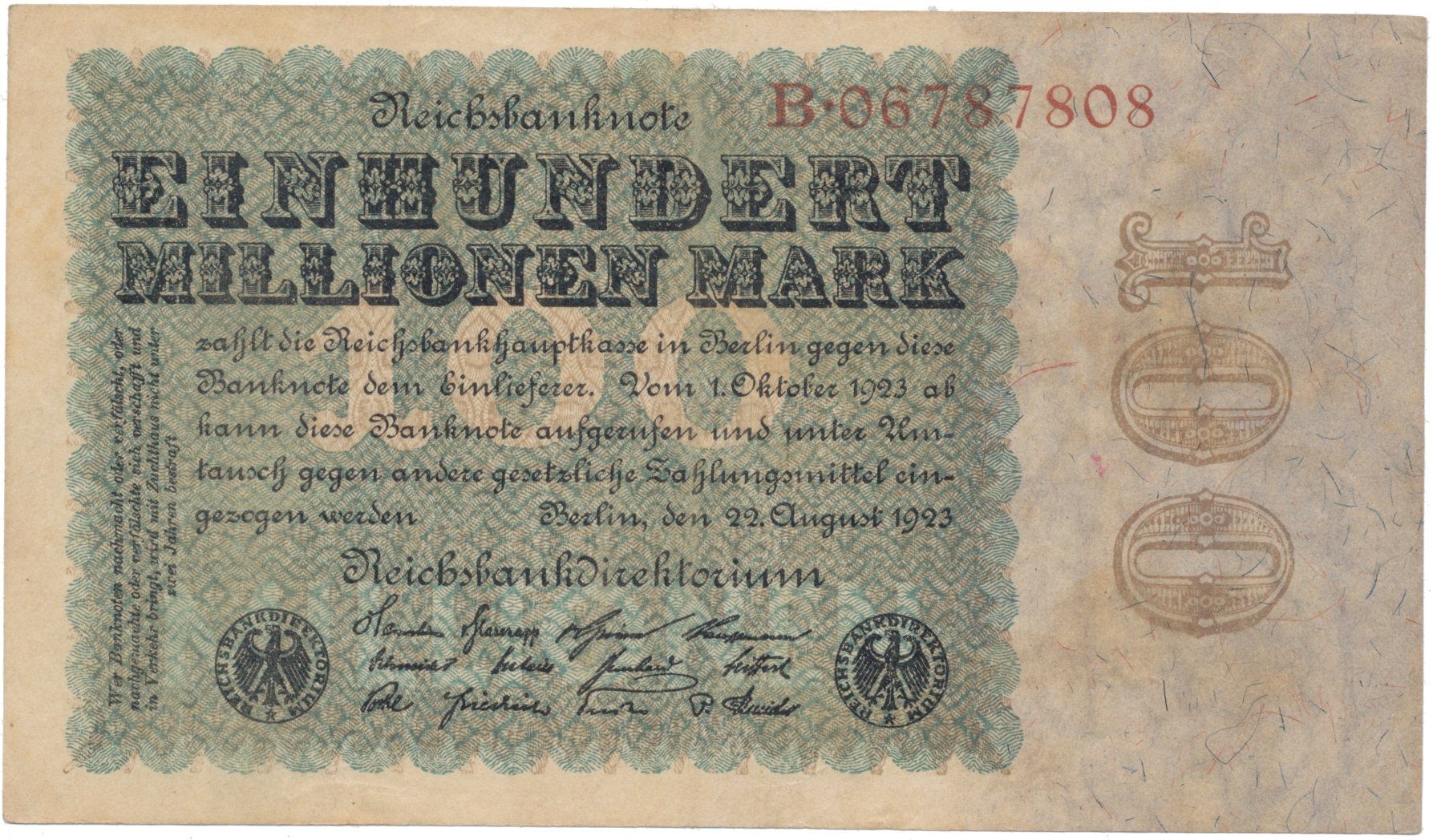 Německo, 100 Millionen Mark 1923, Eichenlaub, Ro.106a