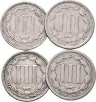 Soubor mincí - 3 Cent 1866, 1868, 1871 a 1874 (Ni), oběhové zachovalosti_4 ks — 2