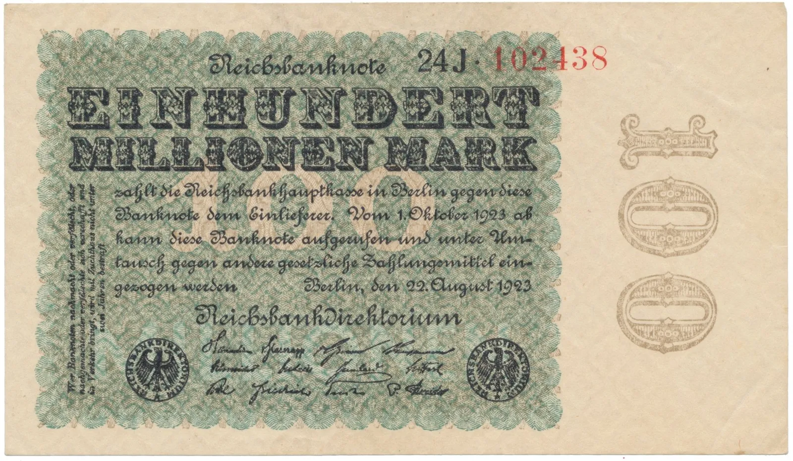 Německo, 100 Millionen Mark 1923, Kreuzblütten, Ro.106h