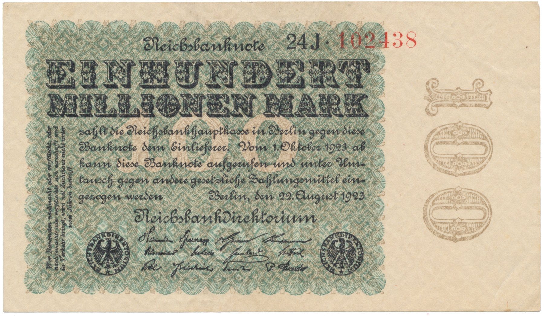 Německo, 100 Millionen Mark 1923, Kreuzblütten, Ro.106h
