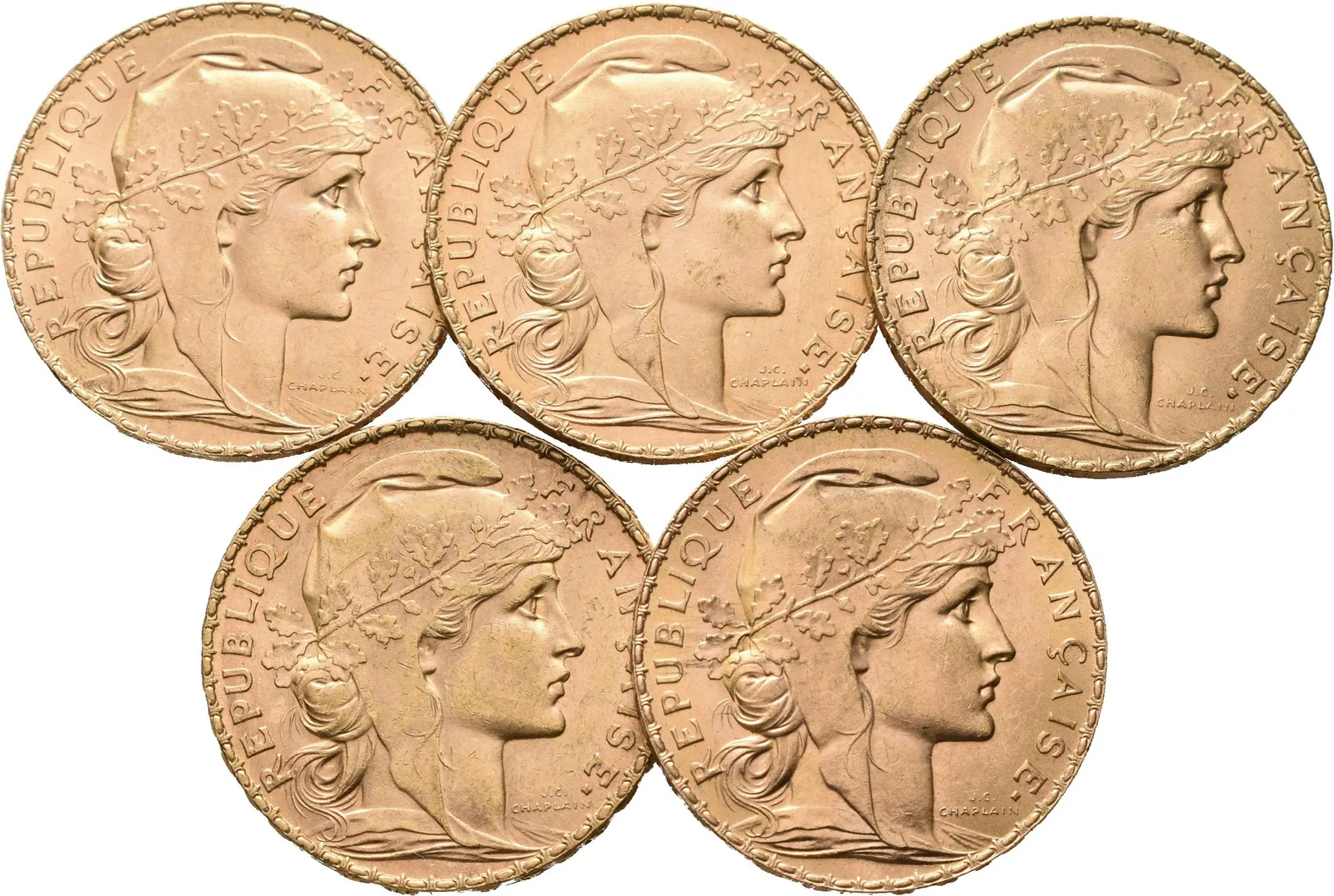 Francie, Investiční set 5 kusů 20 Franků 1907 - 1913