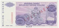 Chorvatsko - Srbská Krajina, 1 Milion Dinara 1994, bankovní vzor, A 0000000, přet. SPECIMEN, P.R33s