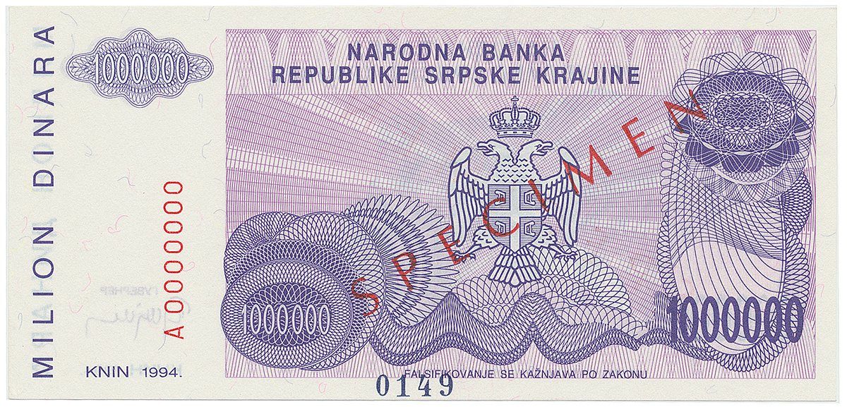Chorvatsko - Srbská Krajina, 1 Milion Dinara 1994, bankovní vzor, A 0000000, přet. SPECIMEN, P.R33s