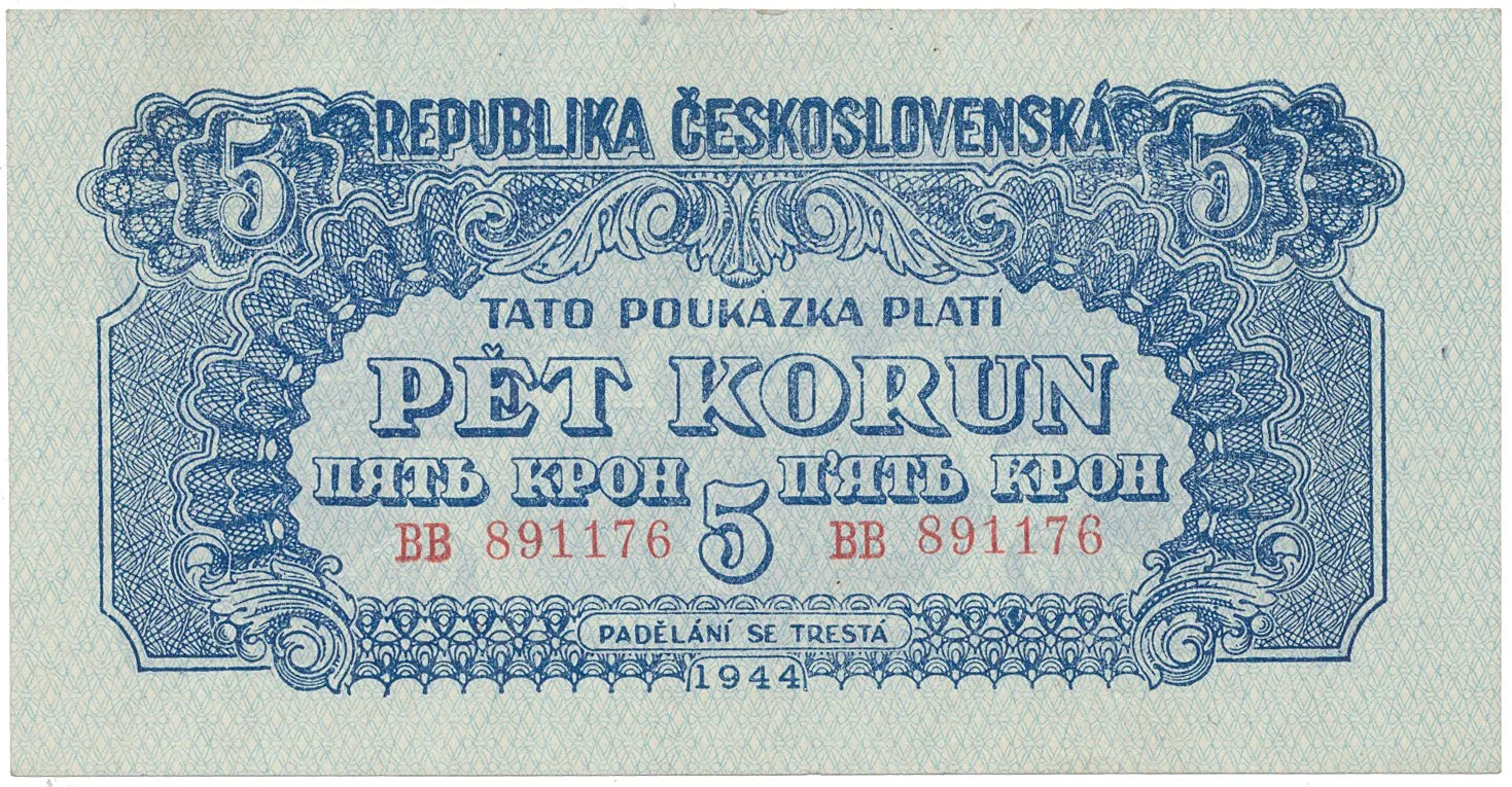 Československo, 5 Koruna 1944, svislý podtisk, Hej.57b