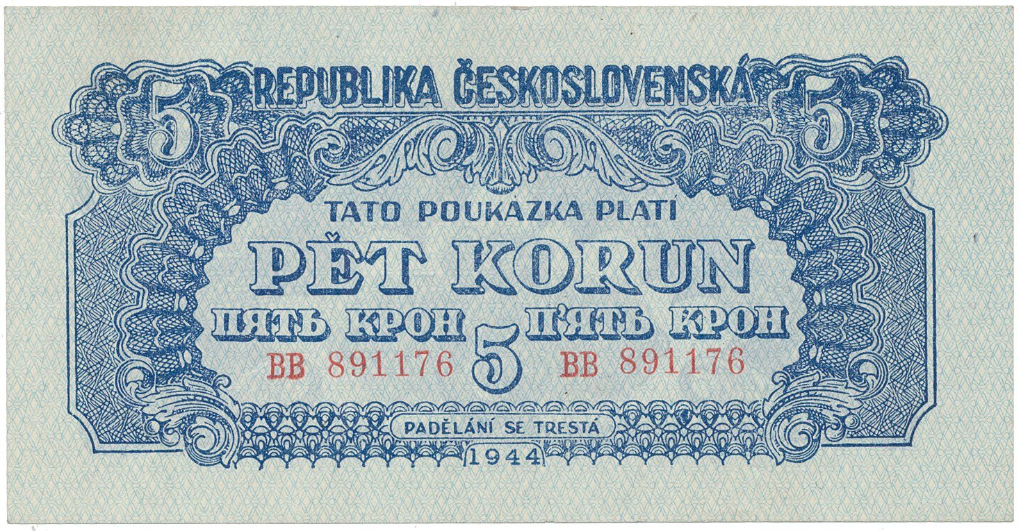 Československo, 5 Koruna 1944, svislý podtisk, Hej.57b