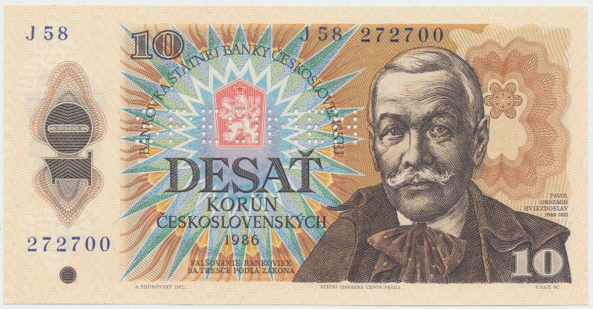 Československo, 10 Koruna 1986, široká vysoká série J 48, bankovní vzor, Hej.107bJ.V2