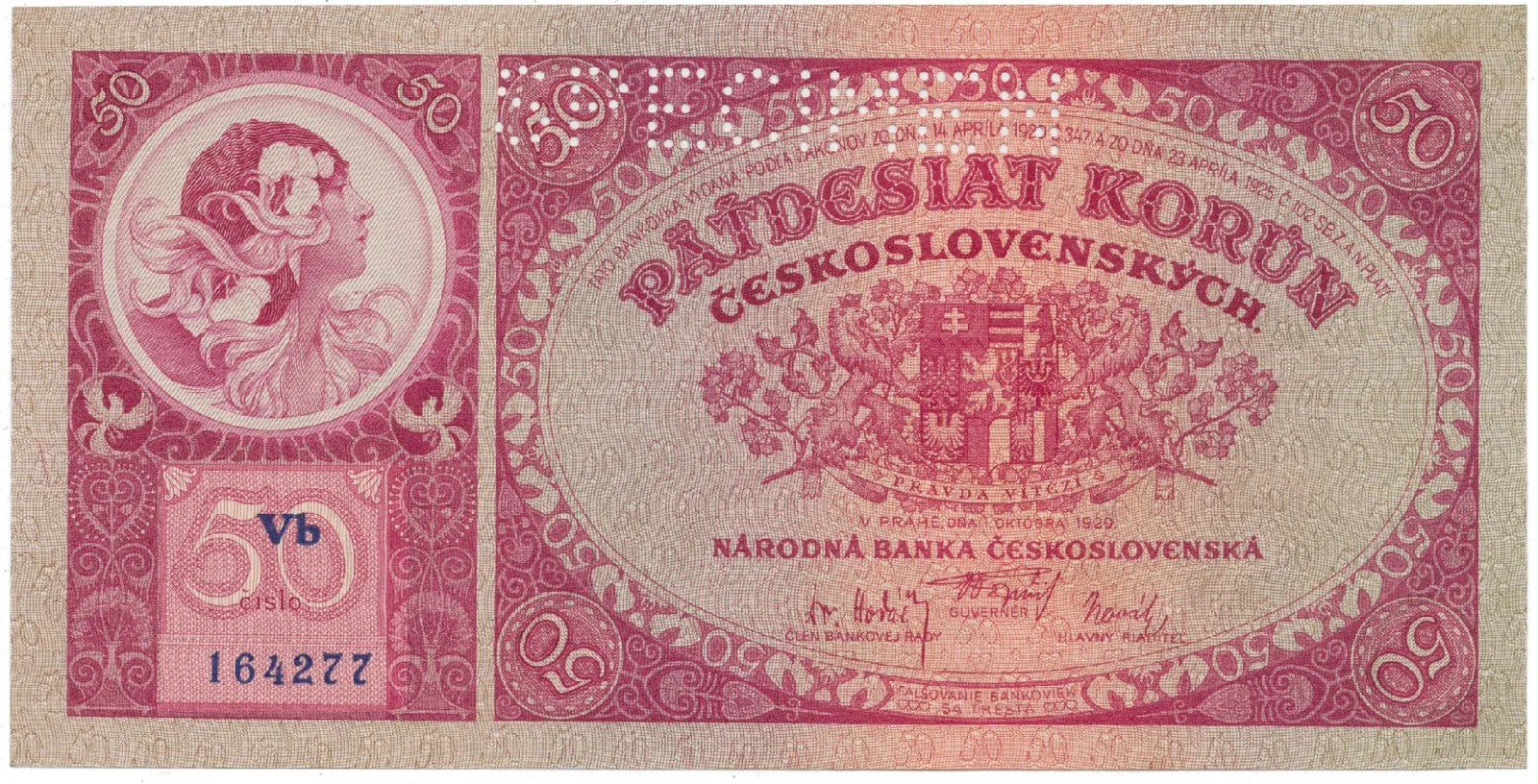 50 Koruna 1929, SPECIMEN, Hej.24b.S1