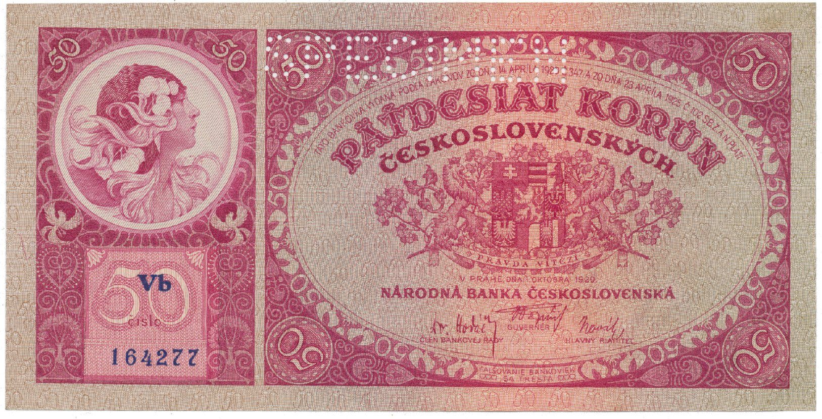 50 Koruna 1929, SPECIMEN, Hej.24b.S1