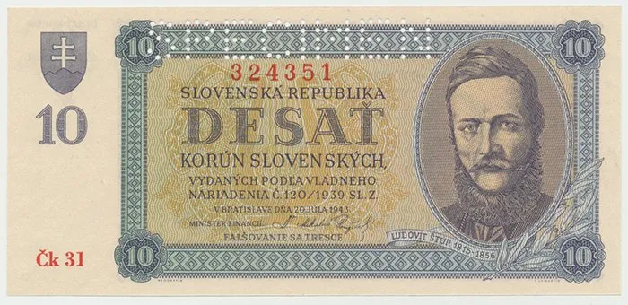 Slovensko, 10 Koruna 1943, perf. 1x SPECIMEN nahoře, Hej.54a2.S1