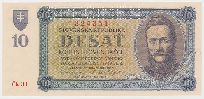 Slovensko, 10 Koruna 1943, perf. 1x SPECIMEN nahoře, Hej.54a2.S1