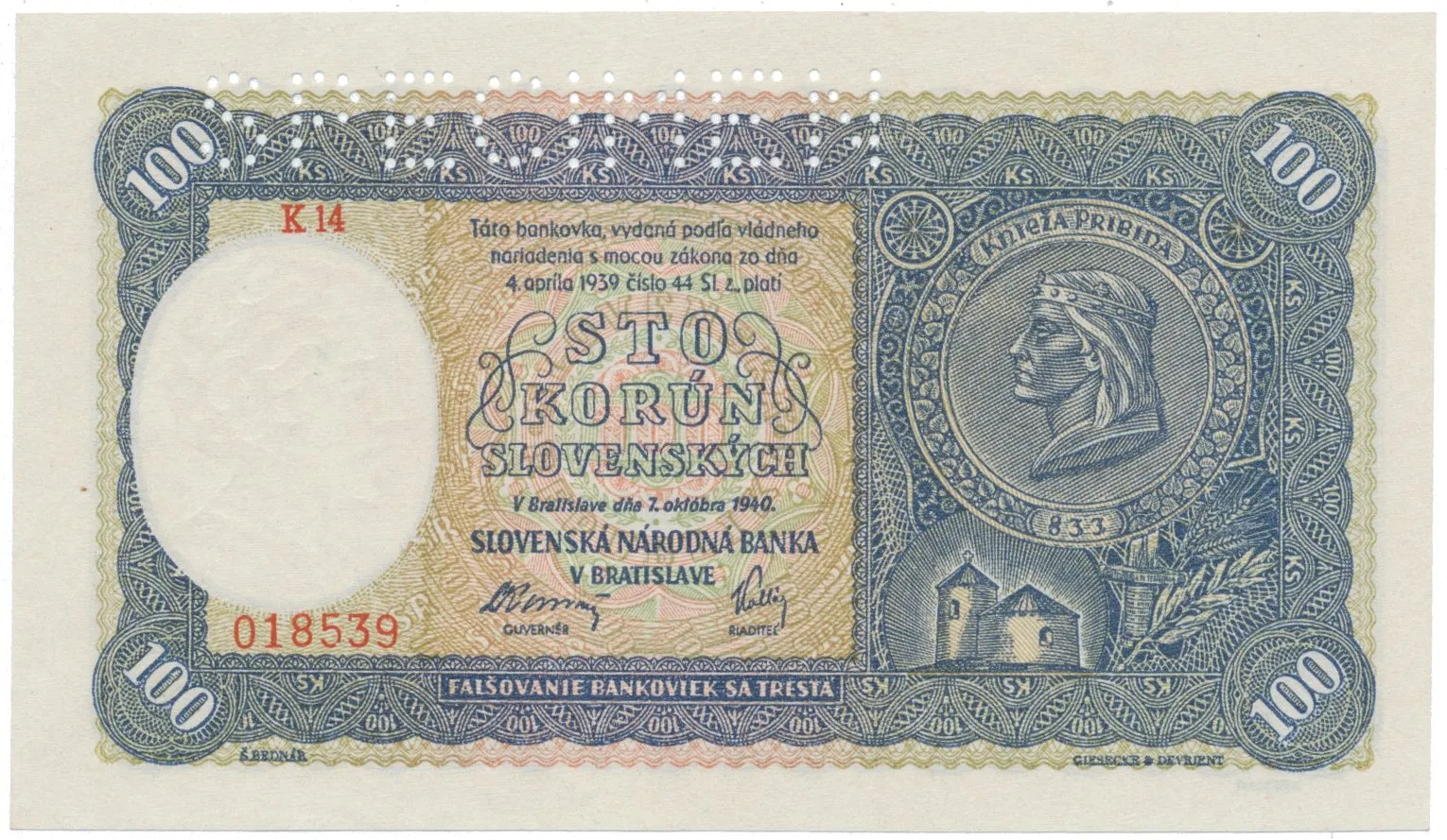 100 Koruna 1940, I. vydání, série E11, K 14, Hej.48a2.S1