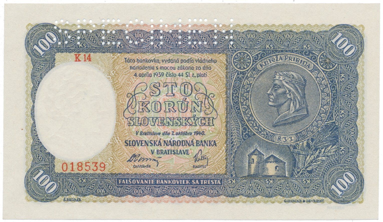 100 Koruna 1940, I. vydání, série E11, K 14, Hej.48a2.S1