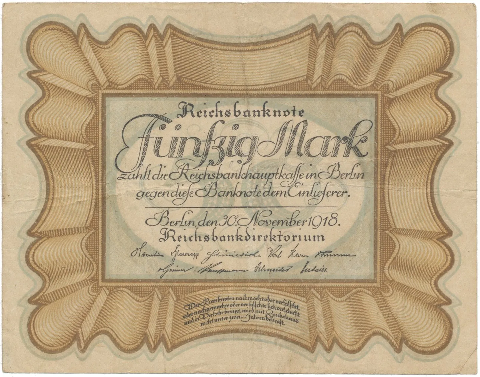 Německo, 50 Mark 1918, "EIERSCHEIN", nejvzácnější varianta, Ro.57c