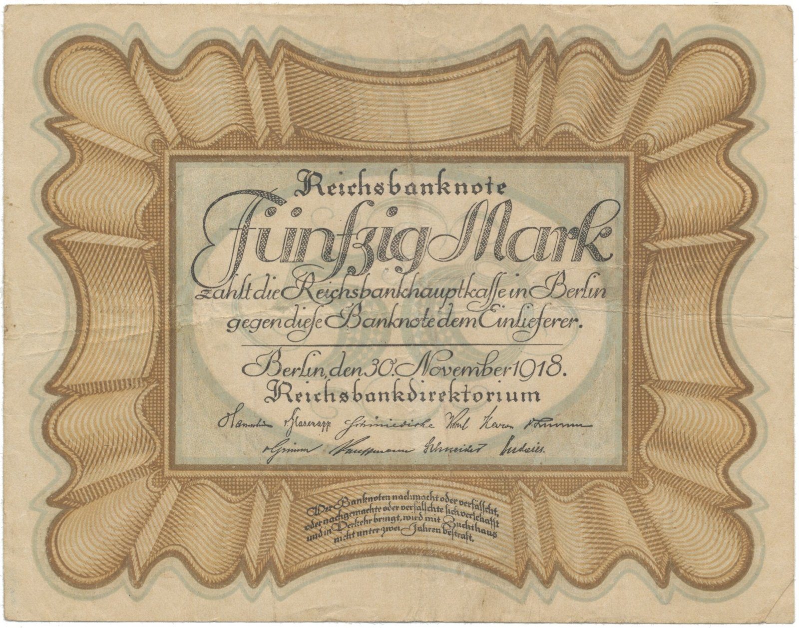 Německo, 50 Mark 1918, "EIERSCHEIN", nejvzácnější varianta, Ro.57c