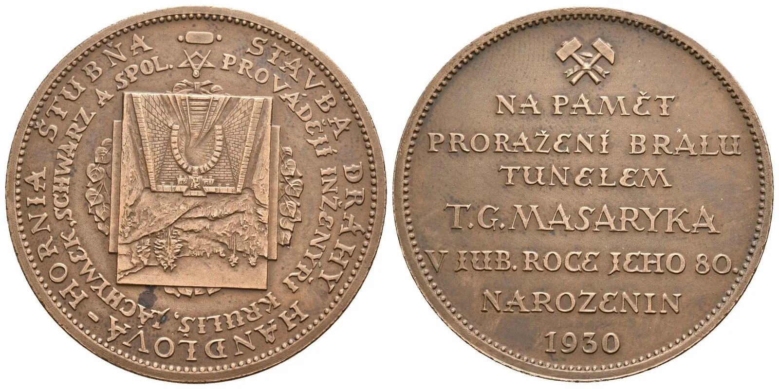 AE Medaile 1930 - K proražení tunelu T. G. Masaryka na dráze Handlová - Hornia Štubňa — 1