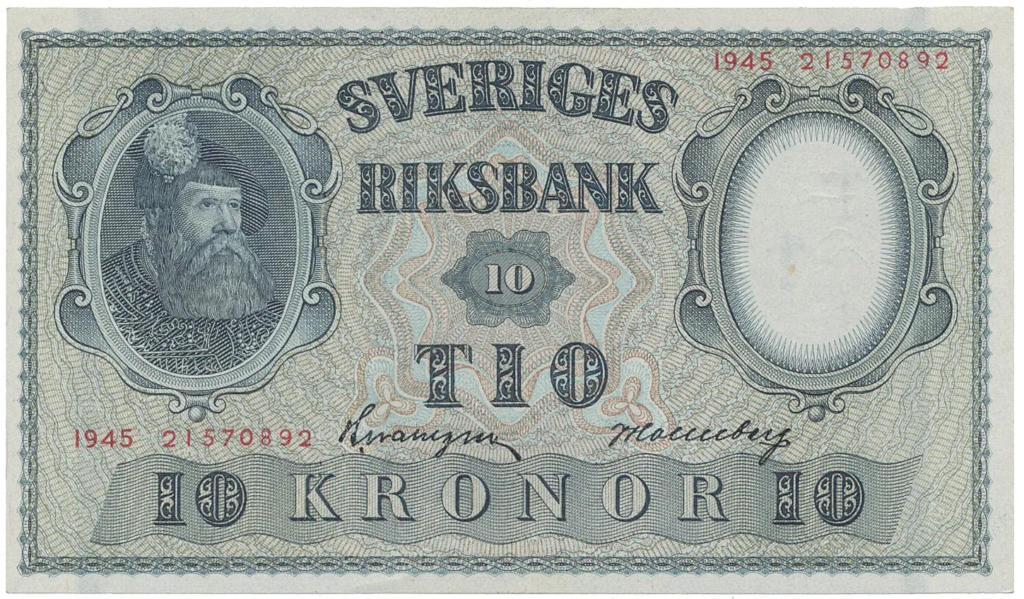 Švédsko, 10 Kronor 1945, červený číslovač, P.40f