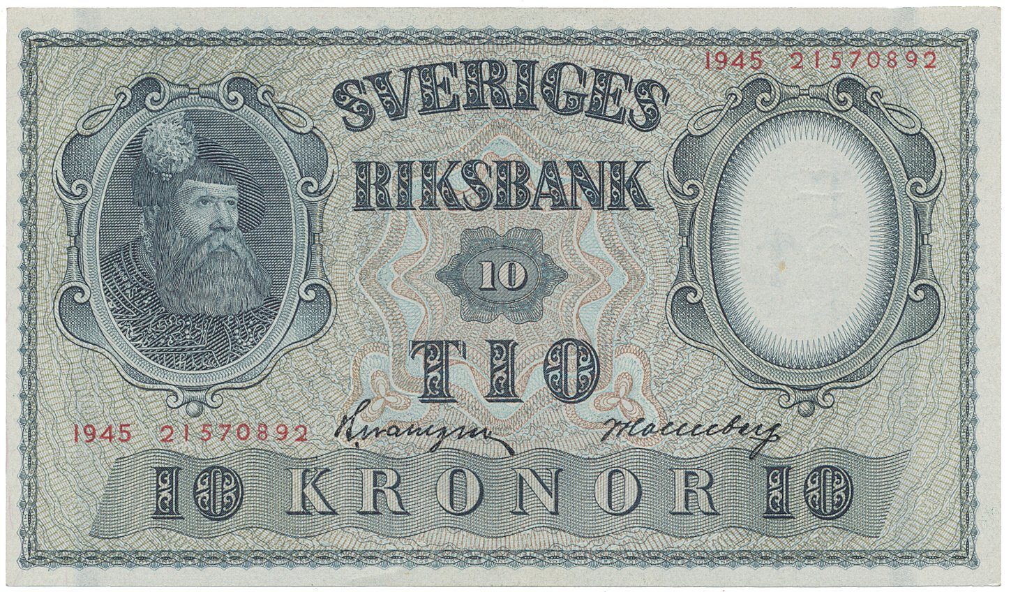 Švédsko, 10 Kronor 1945, červený číslovač, P.40f