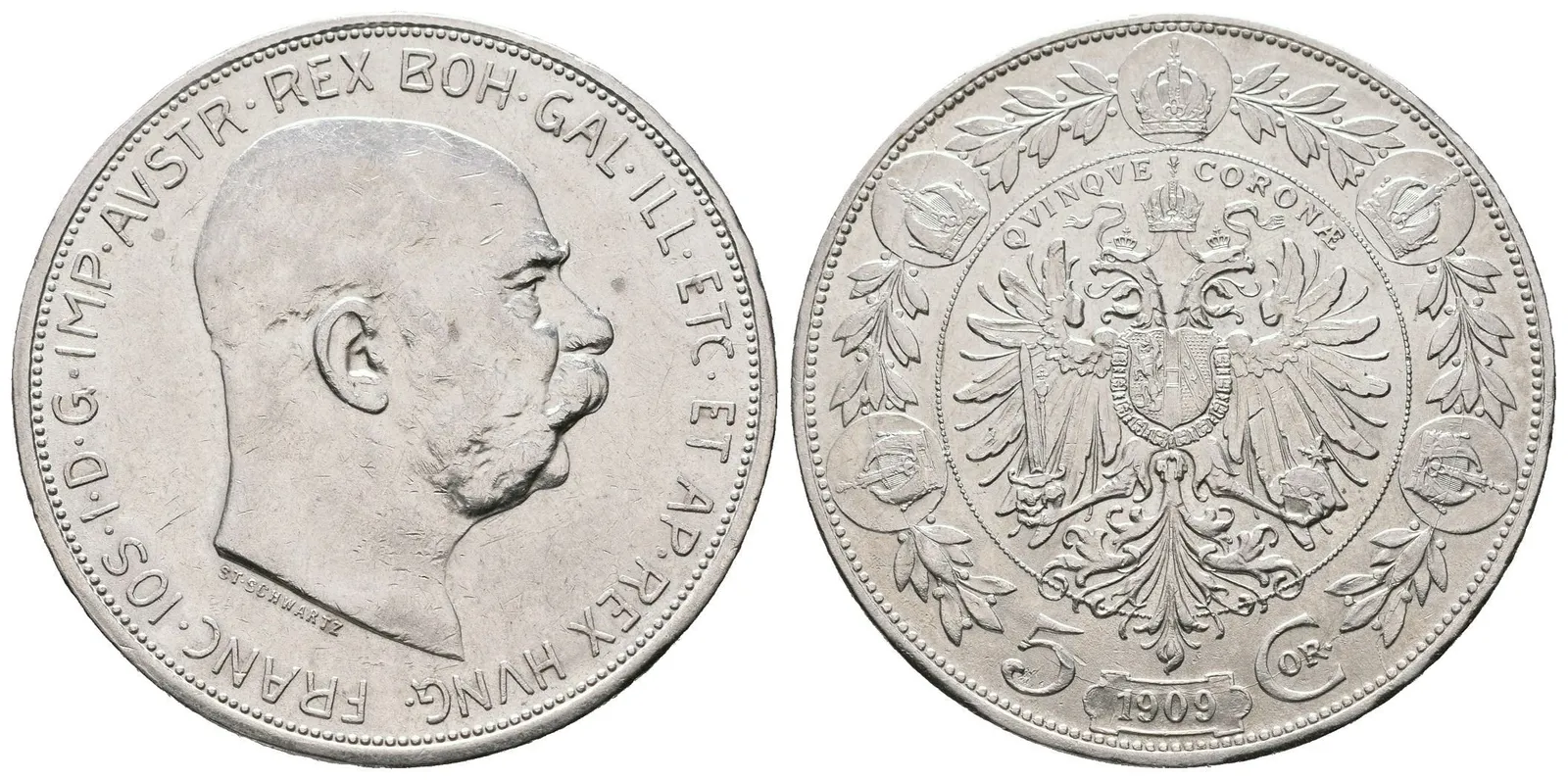 5 Koruna 1909, typ Schwartz, zbytky lesku, patina, rysky a nep. hranky — 1