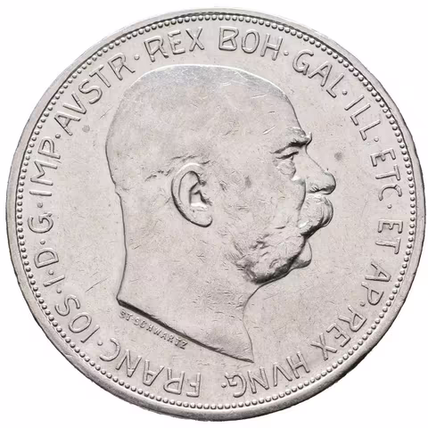 5 Koruna 1909, typ Schwartz, zbytky lesku, patina, rysky a nep. hranky