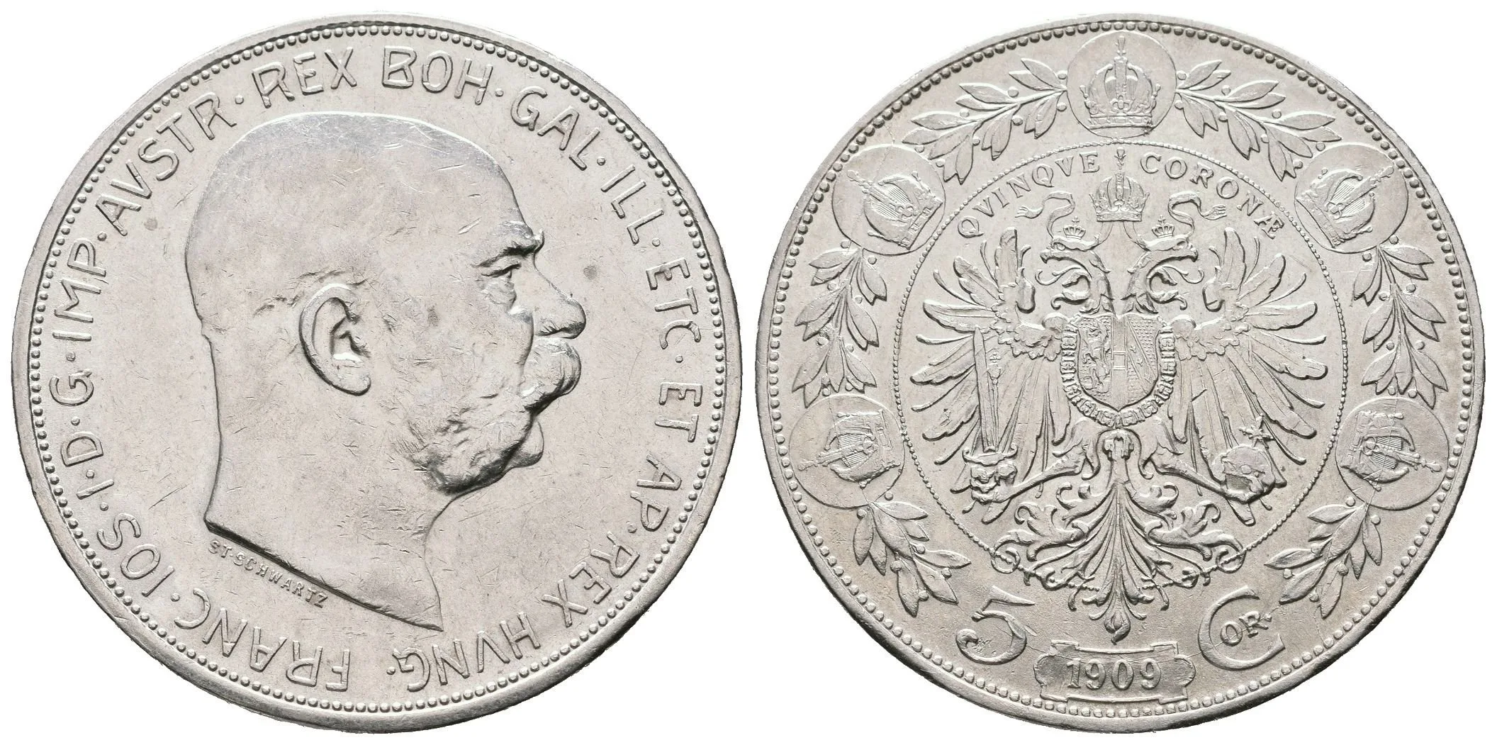 5 Koruna 1909, typ Schwartz, zbytky lesku, patina, rysky a nep. hranky — 1