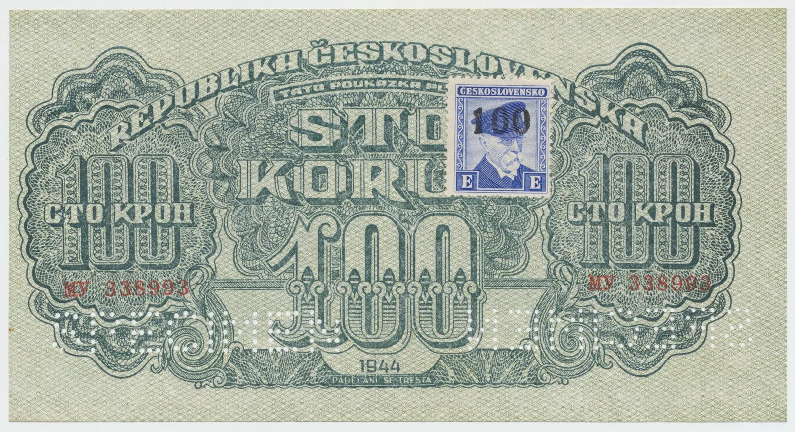 100 Koruna 1944, kolkovaná, SPECIMEN dole, Hej.66a.S3