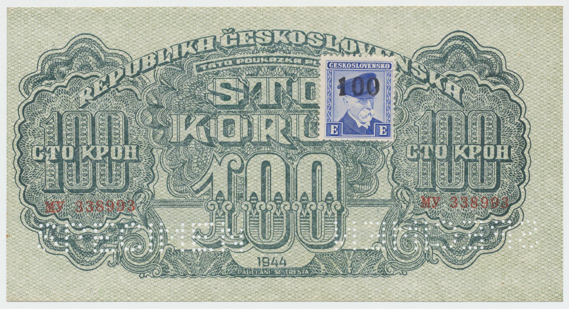 100 Koruna 1944, kolkovaná, SPECIMEN dole, Hej.66a.S3